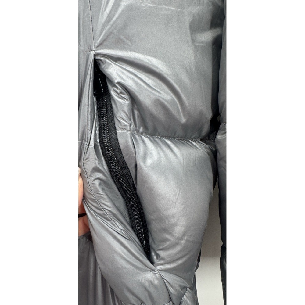 Women XL Metallic Gray Puffer Down Coat Hooded Jacket Mid Length Pockets Winter - Picture 7 of 16